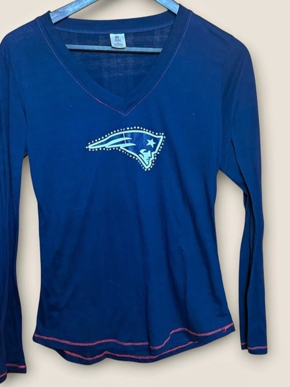 NFL Patriots Rhinestone Fitted Long Sleeve Tee Blue Size Medium